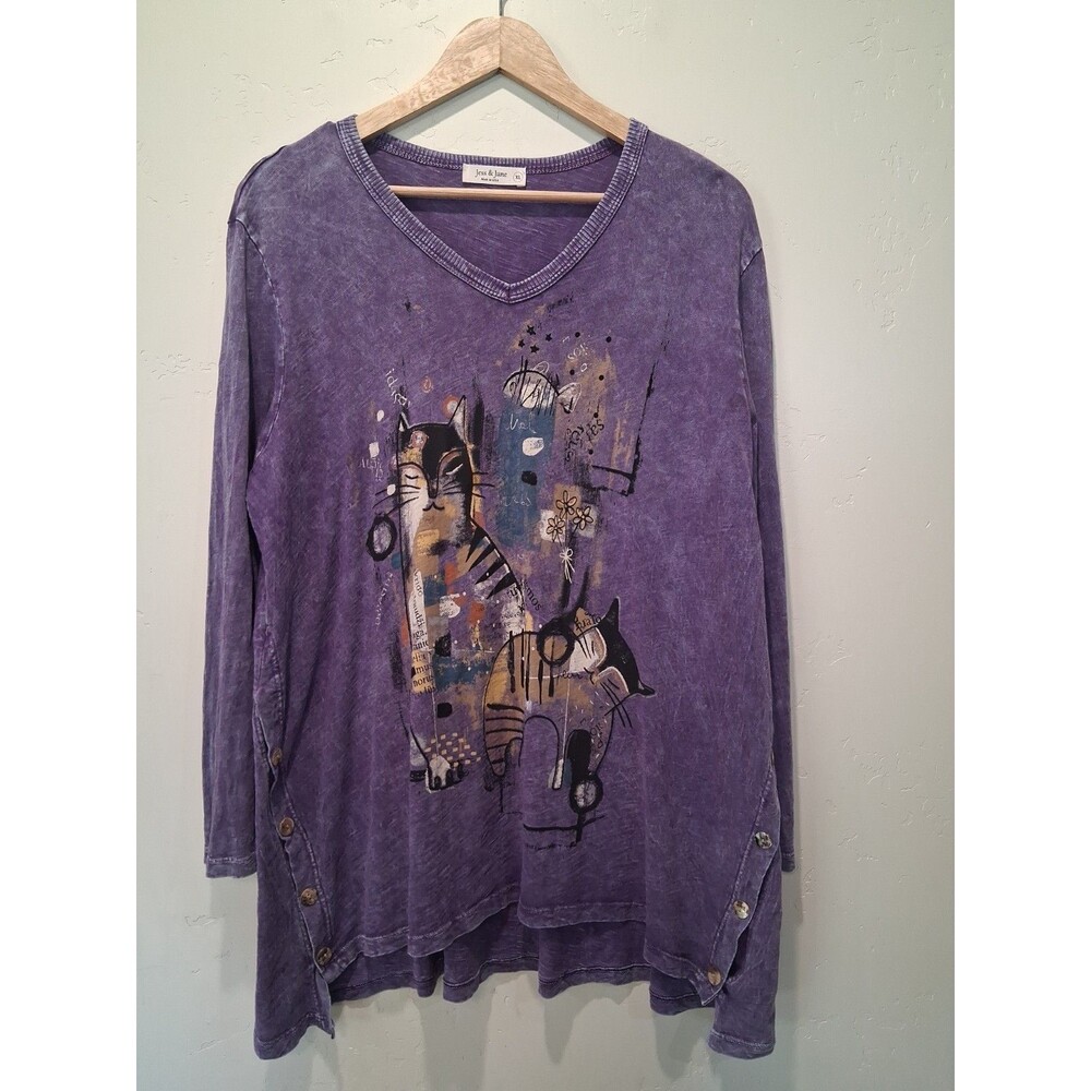 Jess & Jane Purple Cat Kitten Cotton Top Tunic  Mineral Wash Artsy USA Size XL